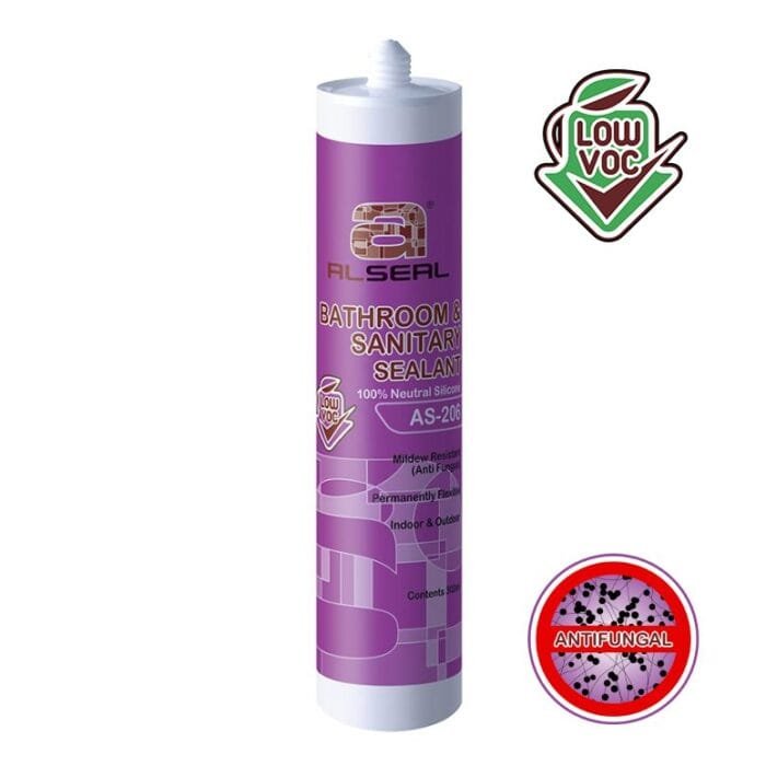 AS-206 A purple tube with a white cap labelled "LOW VOC ALSEAL BATHROOM & SANITARY SEALANT 100% Neutral Silicone AS-206 (Anti-Fungal Permanently Flexible Indoor & Outdoor Conditions)."
