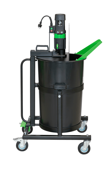 A black and green industrial leveller mixing station with a large container on wheels, featuring a handle and a hose attachment.