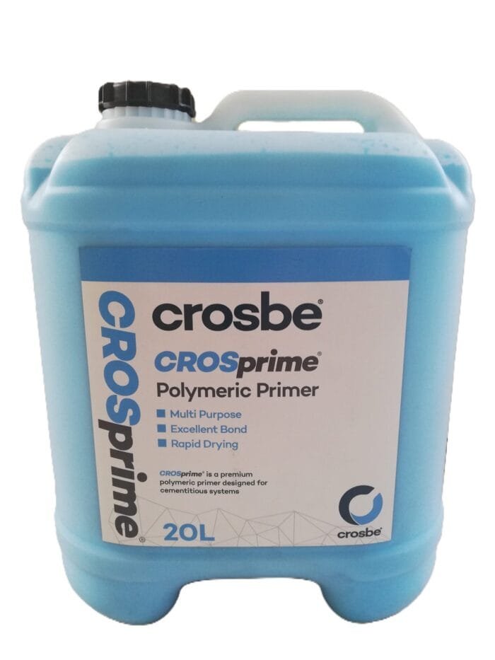 20L Crosprimer A blue container labeled "CROSprime Polymeric Primer" with specifications for being multi-purpose, having excellent bond qualities, and rapid drying. The container holds 20 liters.