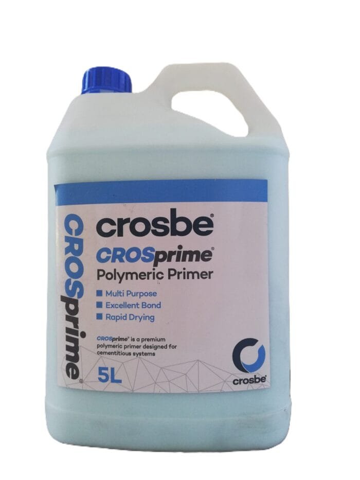 5L-Crosprimer Container of Crosbe Crosprime Polymer Primer, 5 liters, with labels indicating it is multi-purpose, has excellent bond qualities, and features rapid drying properties.