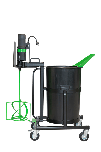 Mixing station 2300 A black and green mobile mixing station with a large barrel and wheels for mobility.