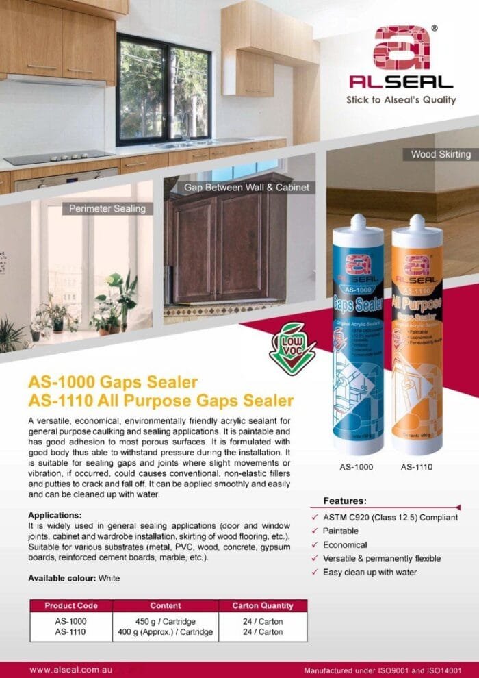 AS-1000-Gaps-Sealer-&-AS-1110-All-Purpose-Gaps-Sealer Flyer (Medium) A product poster featuring ALSEAL's various gap sealants, including AS-1000 and AS-1110. The poster displays details about the product's features, applications, and specifications, emphasizing its versatility, paintability, and environmental friendliness. Images of the sealant cartridges and their uses in sealing gaps between walls and cabinets are included. The background is simple to focus on the text and product information provided.