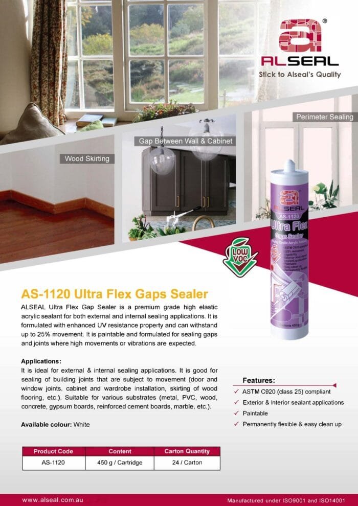 AS-1120-Ultra-Flex-Gaps-Sealer Flyer (Custom) A poster featuring Alseal's Ultra Flex Gap Sealer, highlighting its features as a premium grade high elastic acrylic sealant suitable for internal and external sealing applications. The poster includes information about its UV resistance, ability to withstand movement, paintability, and various suitable substrates such as metal and wood. It specifies the product code AS-1120 with details on packaging quantities and compliance standards.