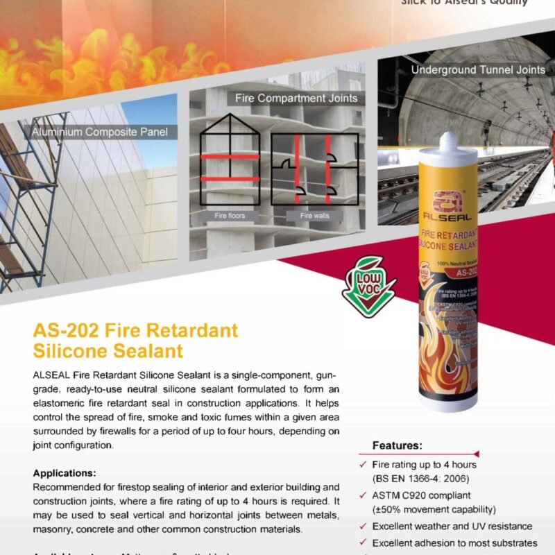 A poster featuring ALSEAL Fire Retardant Silicone Sealant. The design includes product images and text detailing the features and applications of the sealant, emphasizing its fire-rated capabilities for various construction joints. The poster showcases the product availability in matte grey and matte black colors, with specifications on its compliance with building standards and recommended uses.