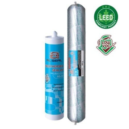 A close-up image of a plastic cylinder containing sealant, featuring text that indicates it is a low VOC compliant product. The cylinder resembles a lotion bottle and is part of general supply items.