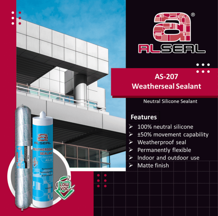 AS-207 Advertisement for ALSEAL AS-207 Weatherseal Sealant featuring key points about its 100% neutral silicone composition, +50% movement capability, weatherproof seal, and suitability for indoor and outdoor use. The design includes a matte finish and mentions VOC compliance.