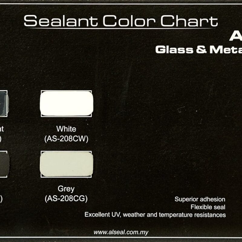 AS-208 Sample A rectangular black label featuring white text that includes the title "Sealant Color Chart" followed by various product names and descriptions related to sealants, including their colors and features. The bottom of the label displays a website link.