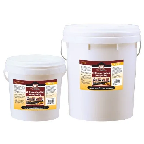 Two white buckets with lids, labeled as AS-700 BX Bitumen Emulsion Waterproofing. The buckets are typically used for food storage and household supplies.