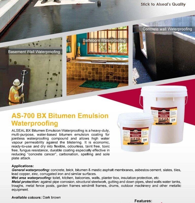 AS-700-BX-Bitumen-Emulsion-Waterproofing-Medium-1.jpg A poster featuring a construction site with an advertisement for ALSEAL waterproofing products. The text outlines various applications of the products, including waterproofing for bathrooms, basements, and metal protection. It lists features like being solvent-free and fungus-resistant and provides product codes and weights for different quantities available. The poster has a dark brown color scheme with technical details presented in a structured format.