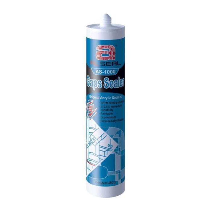 Gaps_sealer-1.jpg A white tube with a blue label, featuring the text "LOW VOC ALSEAL AS-1000 Gaps Sealer Original Acrylic Sealant ASTM C920" along with additional specifications. The tube is cylindrical and made of plastic.