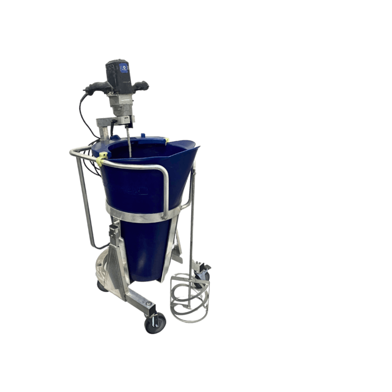 A blue mixing machine with a large bowl, mounted on a wheeled metal frame. The machine has an attached motor and a handle for mobility.
