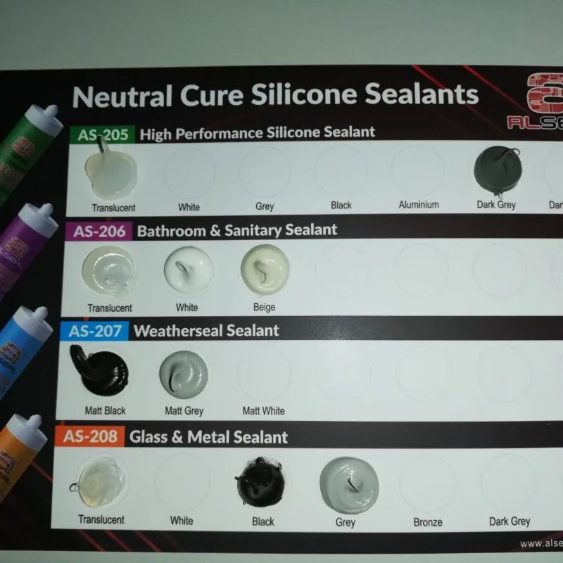 Color-chart-rotated-2.jpeg Close-up of a label featuring various silicone sealant products, including AS-205, AS-206, AS-207, and AS-208. The label includes descriptions such as "High Performance Silicone Sealant," "Bathroom & Sanitary Sealant," and "Weatherseal Sealant," with color options listed like Translucent Grey, Dark Bronze, and Matt White. The website www.alseal.com.au is also present on the label.