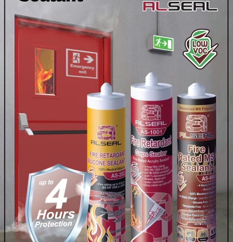 Fire rated Sealants A poster featuring an image of a fire extinguisher, with text listing various fire retardant products including "Fire Retardant MS Sealant ALSEAL," "Acrylic-based sealant ALSEAL AS-1001," and "Silicone Sealant Rated MS Sealant up to 4 Hours Protection." The design includes a bottle image relevant to the general supply.