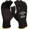 A pair of black gloves with a textured surface and yellow cuffs, labeled with the brand name "maxisafe Rippa Grippa" and CE certification.