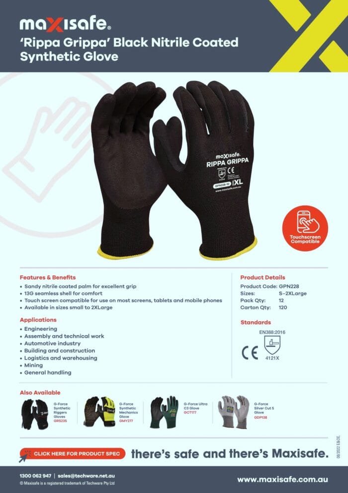 Grippa Gloves A flyer for Maxisafe featuring the 'Rippa Grippa' black nitrile coated synthetic glove, including product details, features, benefits, applications, and standards. The gloves are displayed with hands in a gripping position.