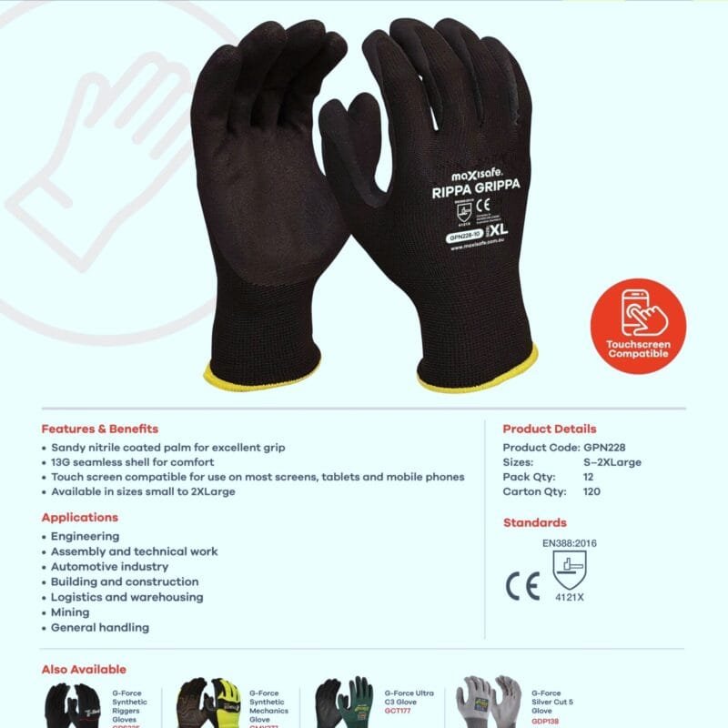 Grippa Gloves A flyer for Maxisafe featuring the 'Rippa Grippa' black nitrile coated synthetic glove, including product details, features, benefits, applications, and standards. The gloves are displayed with hands in a gripping position.