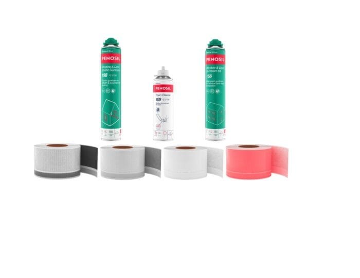 Penosil solution for windows A collection of construction adhesive products including spray cans and adhesive rolls in various colors.