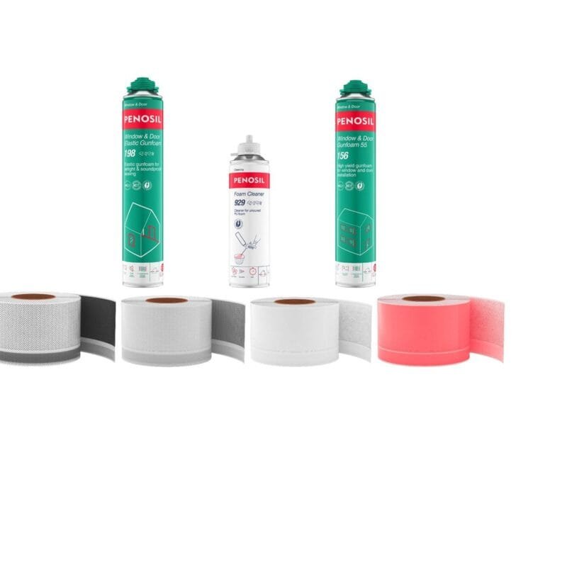 A collection of construction adhesive products including spray cans and adhesive rolls in various colors.