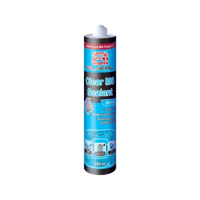 AS-4022 clear-MS-Polymer-Sealant-AS-4022-1.jpg Clear MS sealant in a 290 ml tube, featuring a blue and black design with product information and application images.