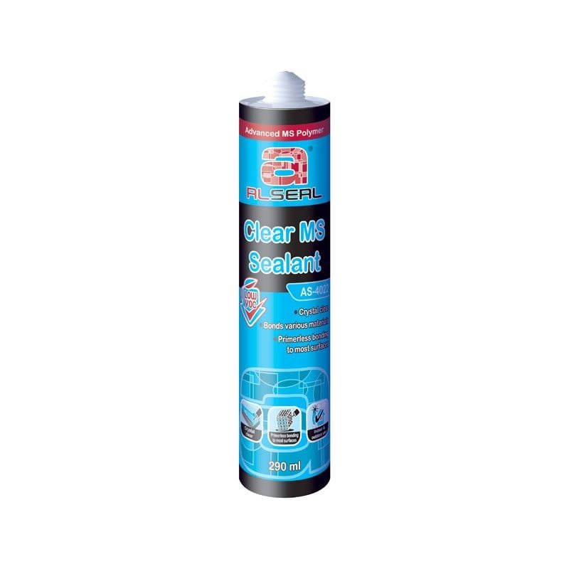 Clear MS sealant in a 290 ml tube, featuring a blue and black design with product information and application images.