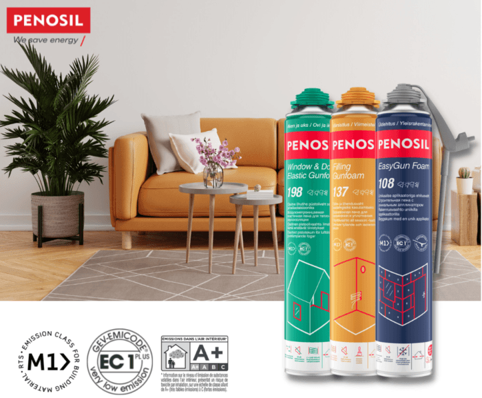 Penosil PU foam PENOSIL products including Window & Door Sealing Gum, EasyGun Foam, and their labels displayed in a living room setting with a plant and furniture.