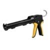 A black and yellow caulking gun with a smooth grip, featuring a trigger and a visible gun barrel. The design incorporates both hard edges and curved surfaces, showcasing its sleek appearance.