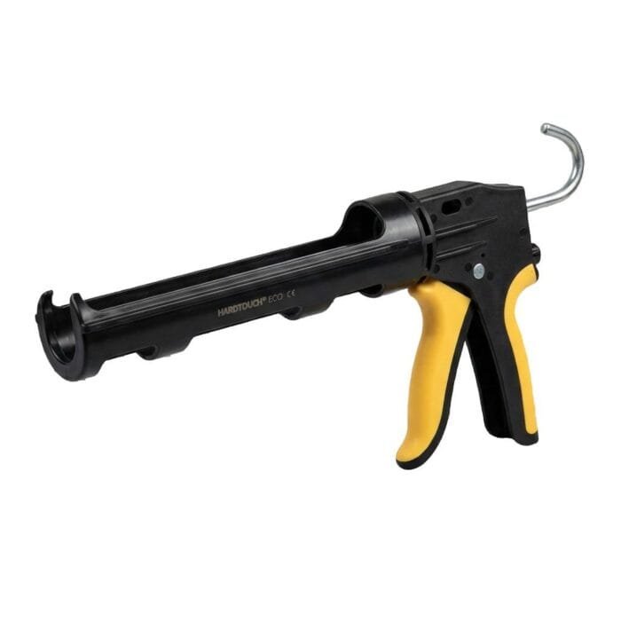 Hardtouch-Eco Caulking Gun1 A black and yellow caulking gun with a smooth grip, featuring a trigger and a visible gun barrel. The design incorporates both hard edges and curved surfaces, showcasing its sleek appearance.