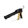 A black and yellow caulking gun with a handle, trigger, and nozzle, designed for applying caulk or sealant.