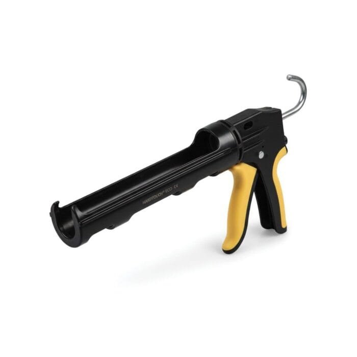 Hardtouch-Eco Caulking Gun2 A black and yellow caulking gun with a handle, trigger, and nozzle, designed for applying caulk or sealant.
