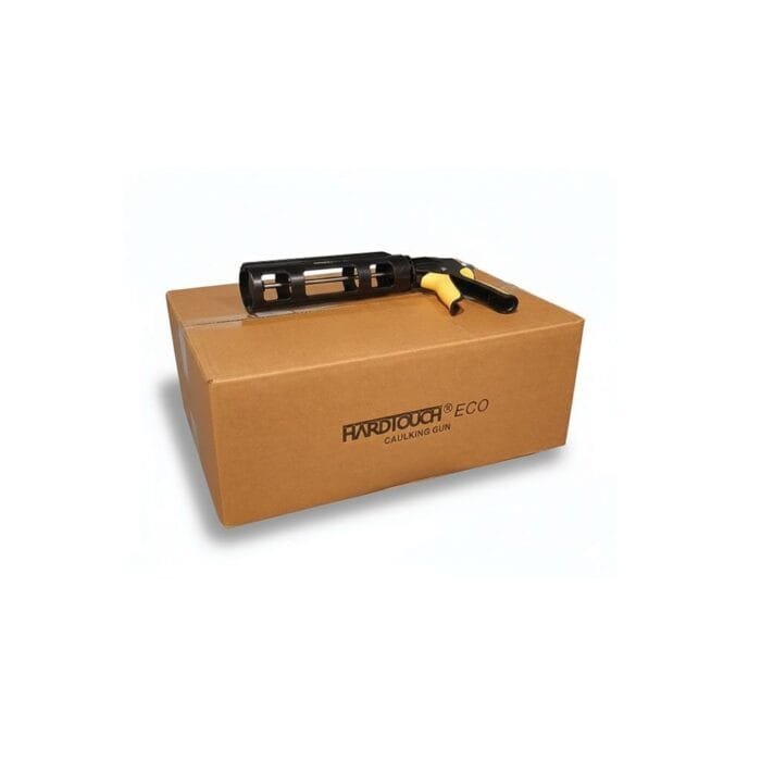 Hardtouch Eco caulking gun box A cardboard box with a caulking gun on top, labelled "HARDTOUCH ® ECO CAULKING GUN."